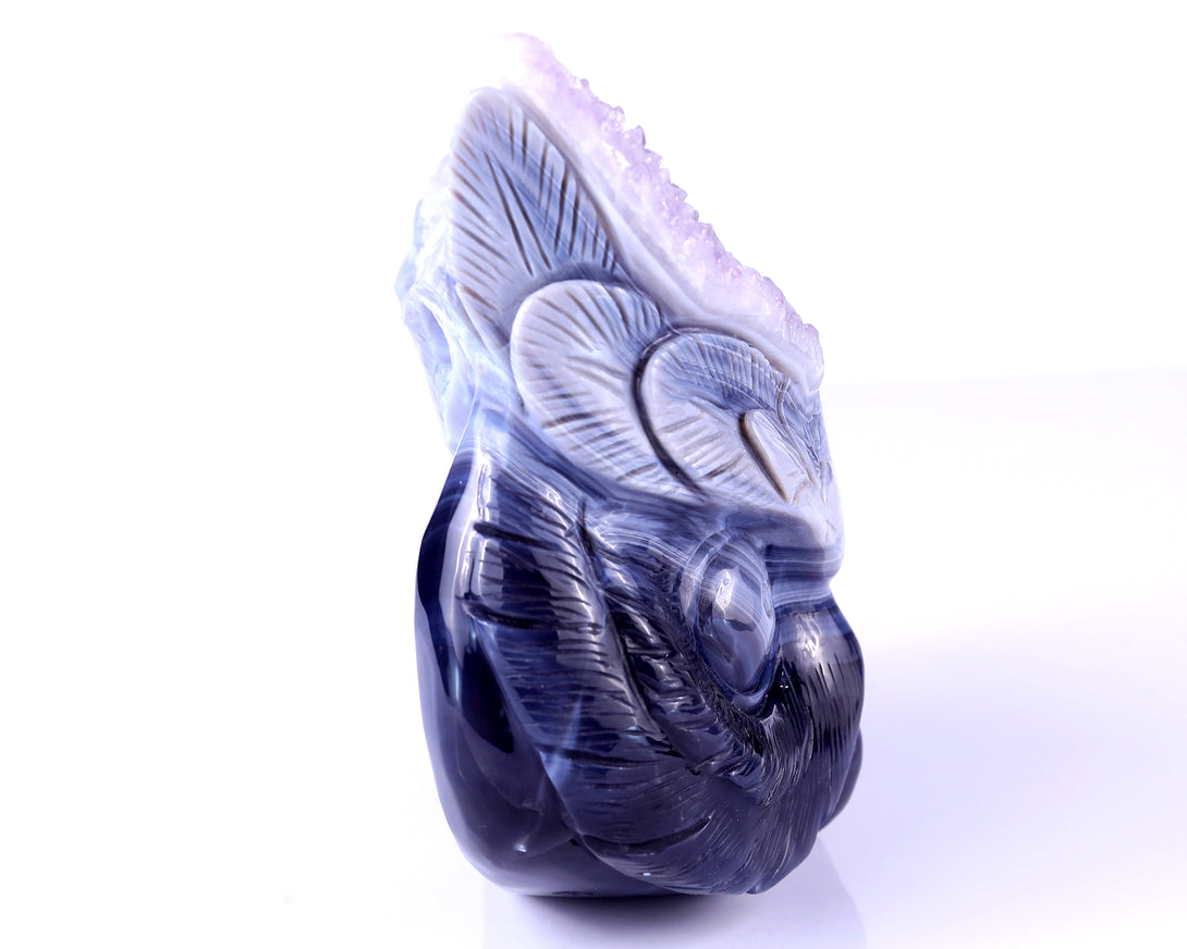 6.3" Amethyst Druse Agate Hand Carved Crystal Owl Sculpture crysvibe