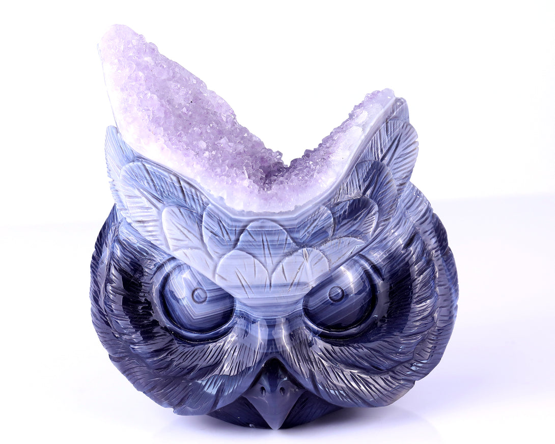 6.3" Amethyst Druse Agate Hand Carved Crystal Owl Sculpture crysvibe