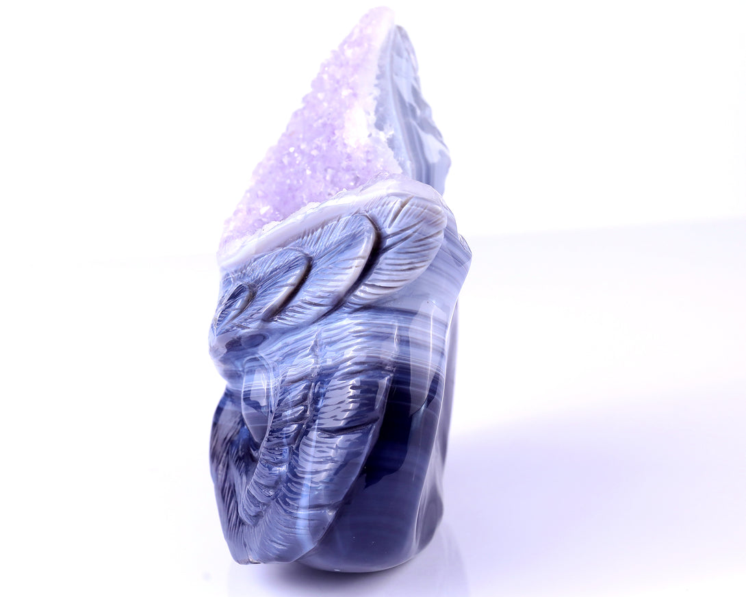 6.3" Amethyst Druse Agate Hand Carved Crystal Owl Sculpture crysvibe