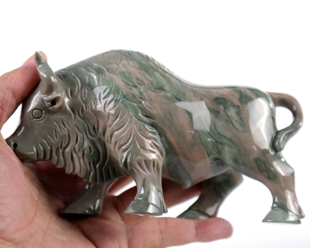 6.3" Jiulong Jade Hand Carved Crystal Cattle Sculpture crysvibe