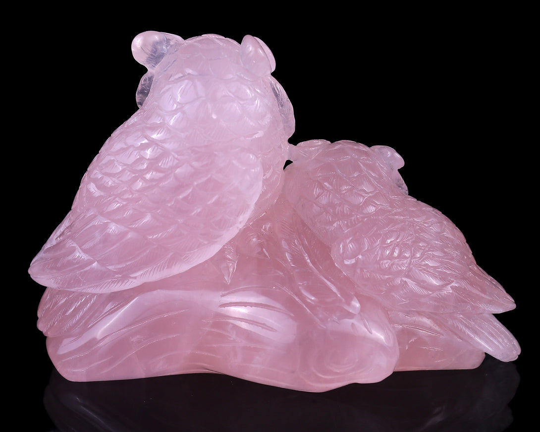 6.3" Rose Quartz Hand Carved Crystal Owls Sculpture crysvibe