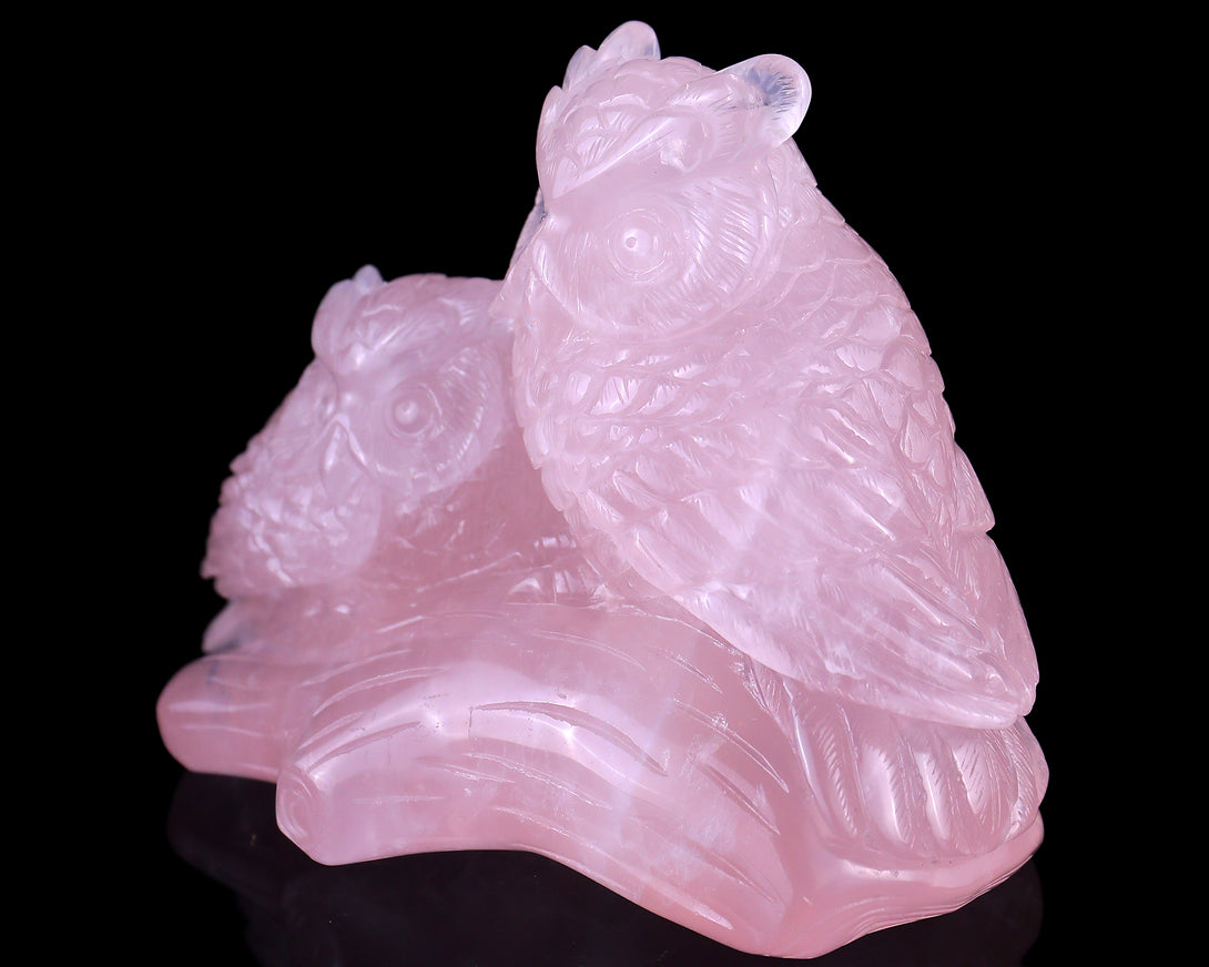 6.3" Rose Quartz Hand Carved Crystal Owls Sculpture crysvibe