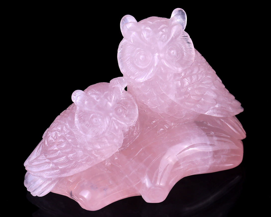 6.3" Rose Quartz Hand Carved Crystal Owls Sculpture crysvibe