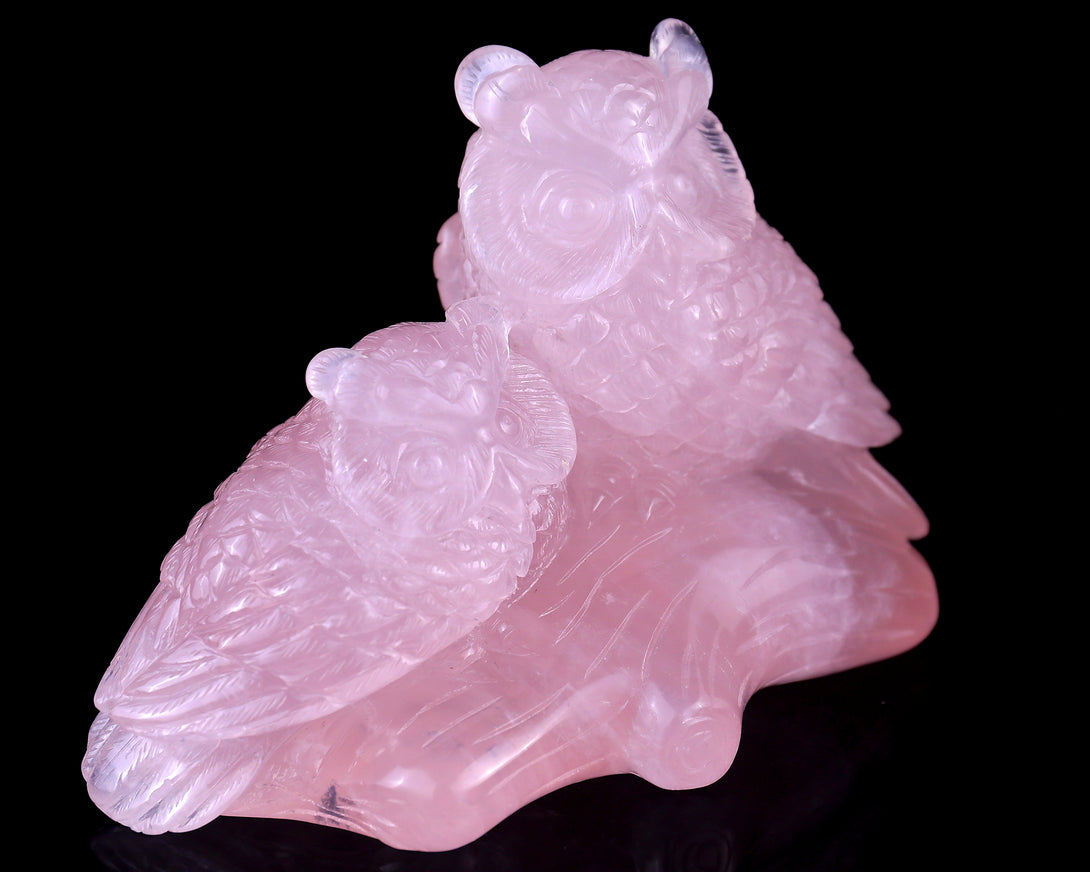 6.3" Rose Quartz Hand Carved Crystal Owls Sculpture crysvibe