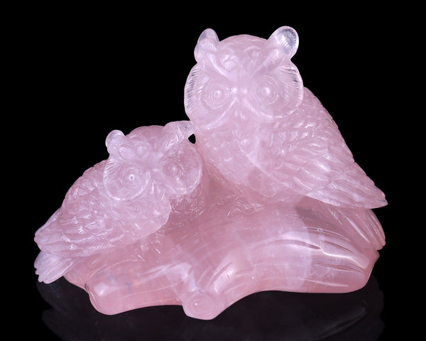 6.3" Rose Quartz Hand Carved Crystal Owls Sculpture crysvibe