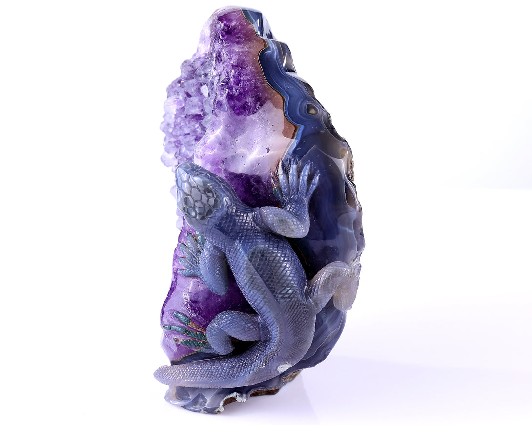 6.4"Amethyst Geode Agate Hand Carved Crystal Lizard Sculpture crysvibe