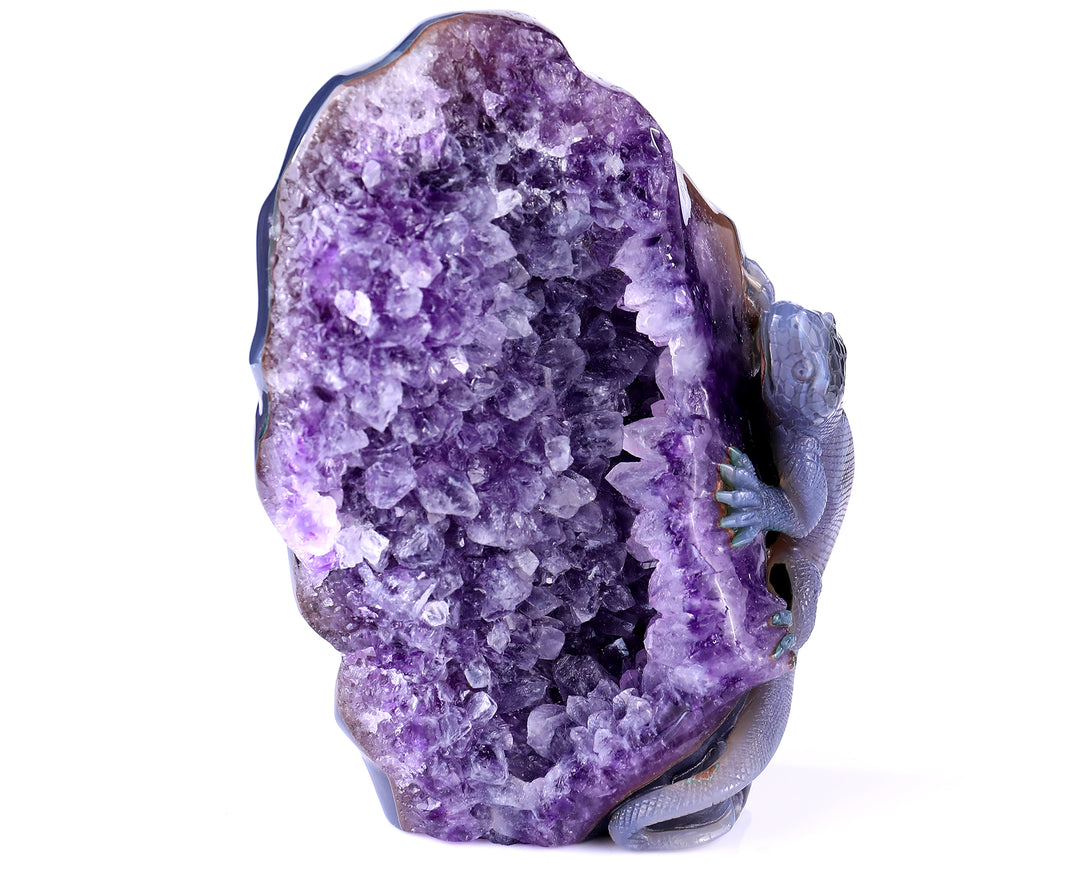 6.4"Amethyst Geode Agate Hand Carved Crystal Lizard Sculpture crysvibe