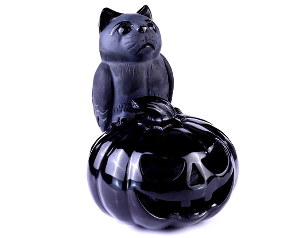 6.4" Black Obsidian Hand Carved Crystal Pumpkin and Owl Sculpture, Halloween Gift crysvibe