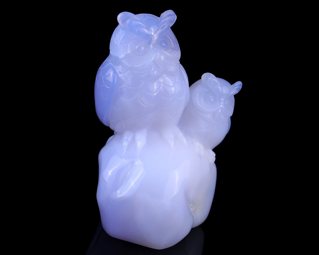 6.5" Blue Chalcedony Hand Carved Crystal Owls Sculpture crysvibe