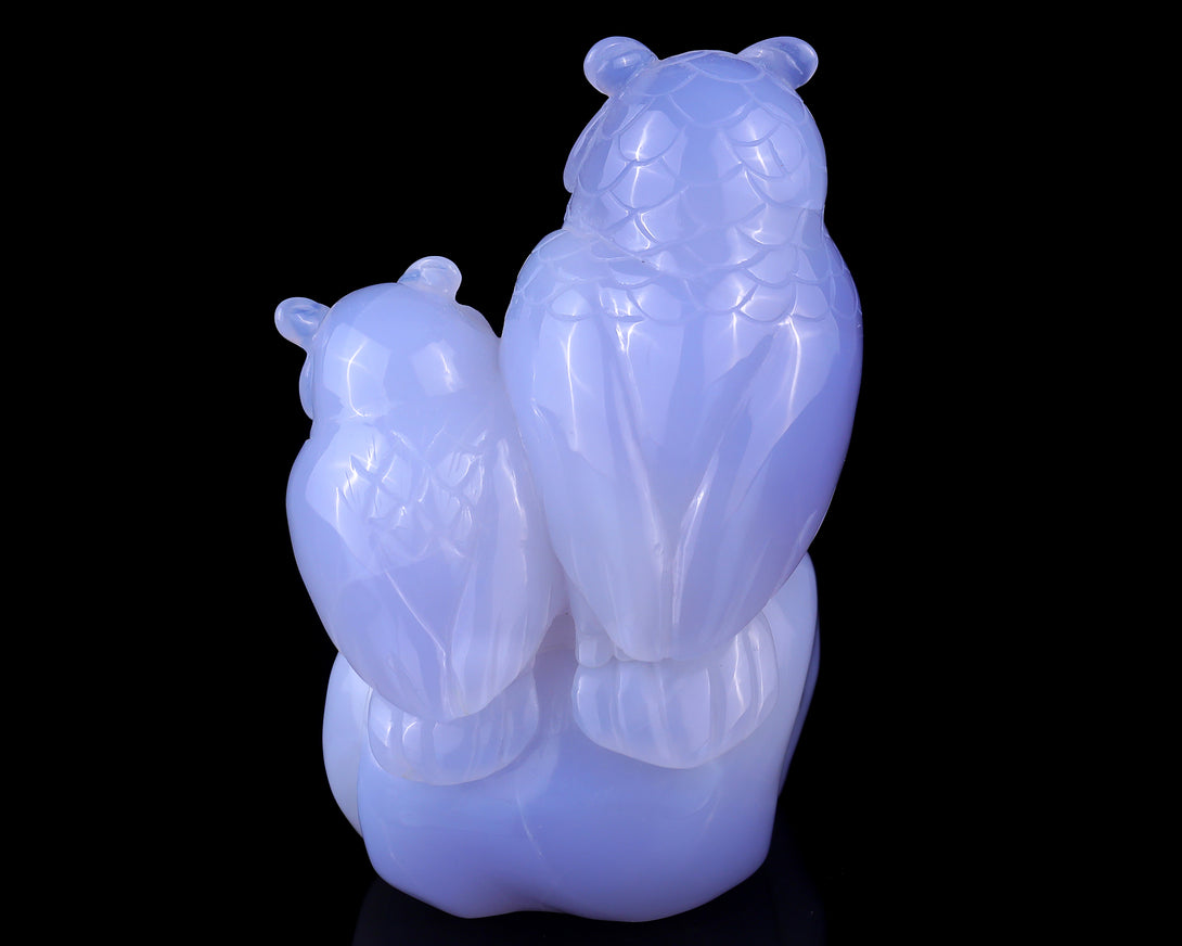 6.5" Blue Chalcedony Hand Carved Crystal Owls Sculpture crysvibe