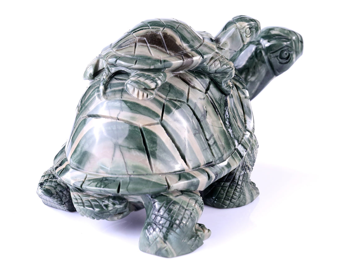 6.8" Jiulong Jade Hand Carved Crystal Turtles Sculpture crysvibe