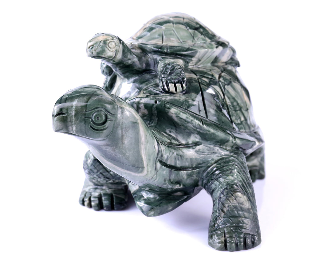 6.8" Jiulong Jade Hand Carved Crystal Turtles Sculpture crysvibe