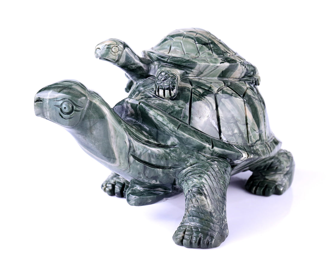 6.8" Jiulong Jade Hand Carved Crystal Turtles Sculpture crysvibe