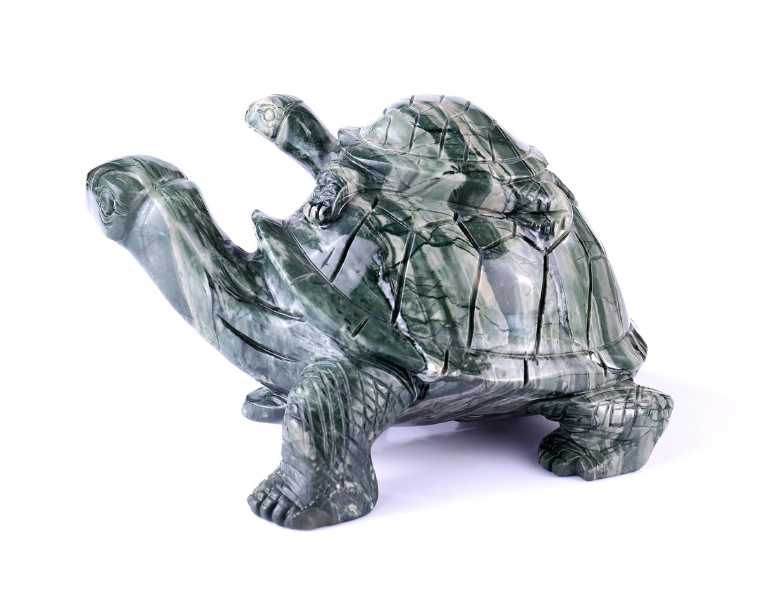 6.8" Jiulong Jade Hand Carved Crystal Turtles Sculpture crysvibe