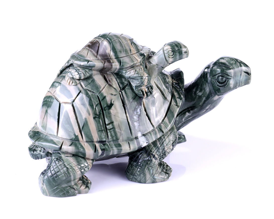 6.8" Jiulong Jade Hand Carved Crystal Turtles Sculpture crysvibe