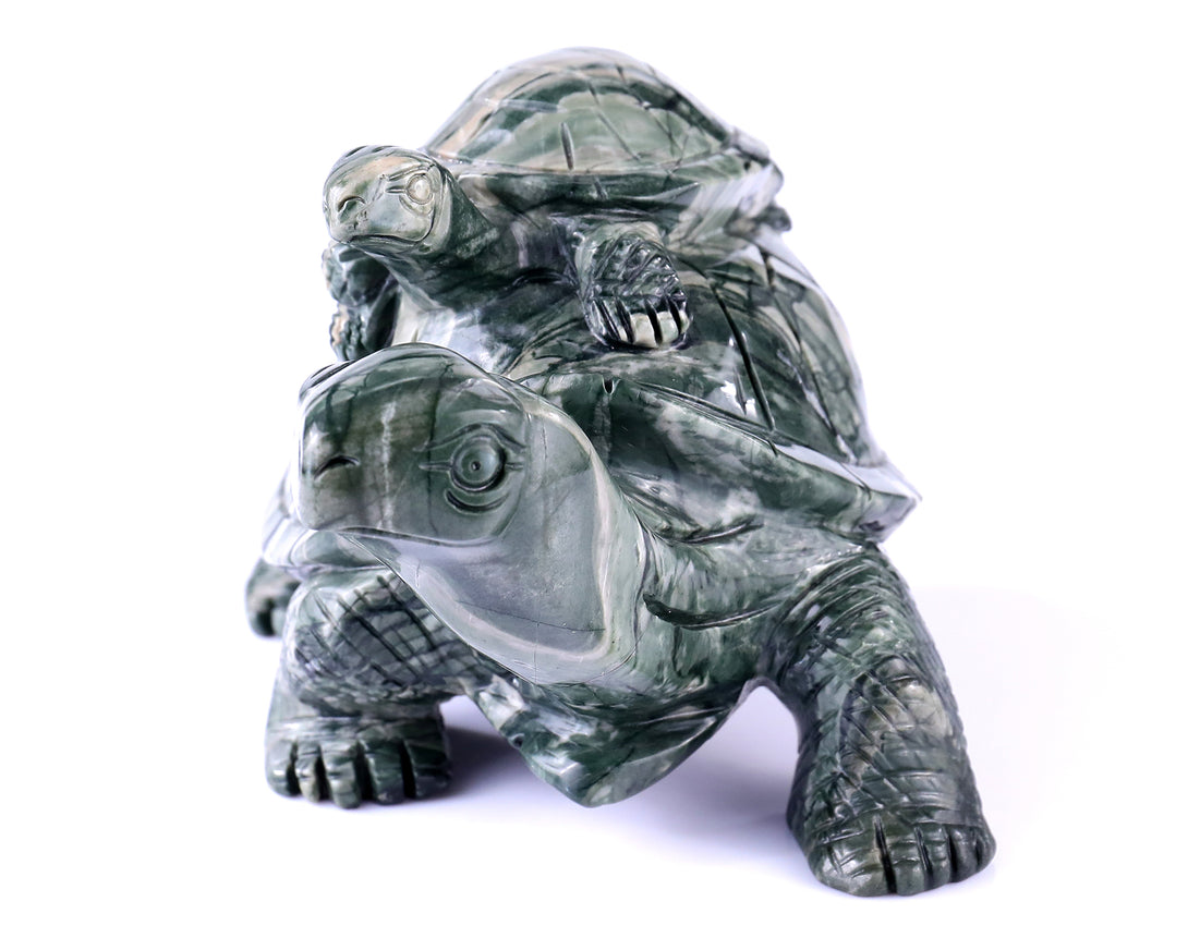 6.8" Jiulong Jade Hand Carved Crystal Turtles Sculpture crysvibe