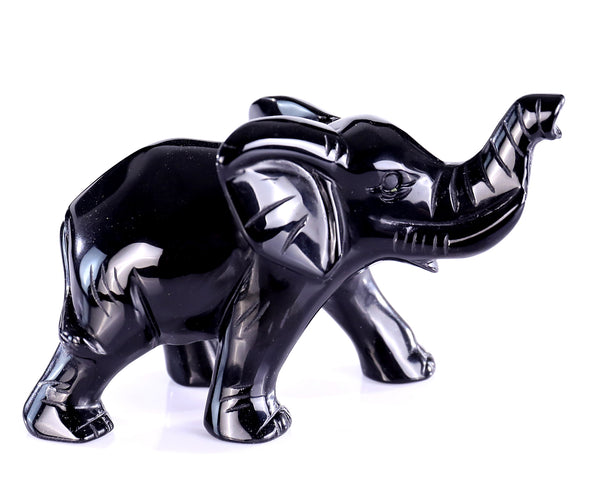 5.0" Black Obsidian Hand Carved Crystal Elephant Sculpture