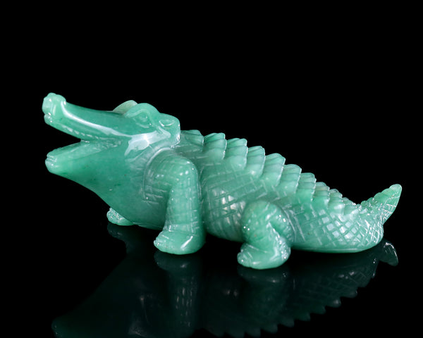 5.4" Green Aventurine Hand Carved Crystal Crocodile Sculpture