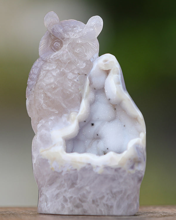 6.0" Geode Agate Hand Carved Crystal Owl Sculpture