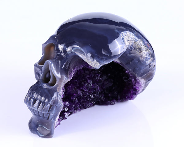 7.5" Amethyst Geode Agate Hand Carved Crystal Skull Sculpture