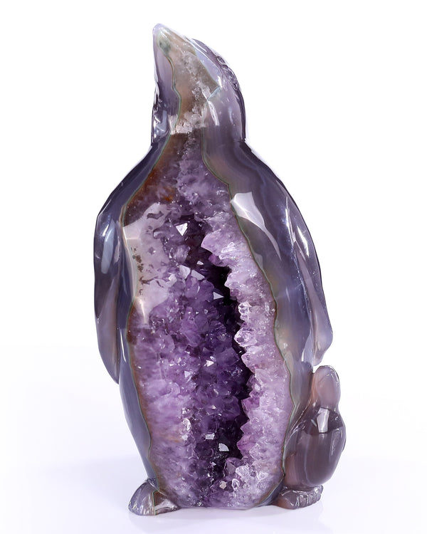 8.3" Amethyst Geode Agate Hand Carved Crystal Penguin Sculpture