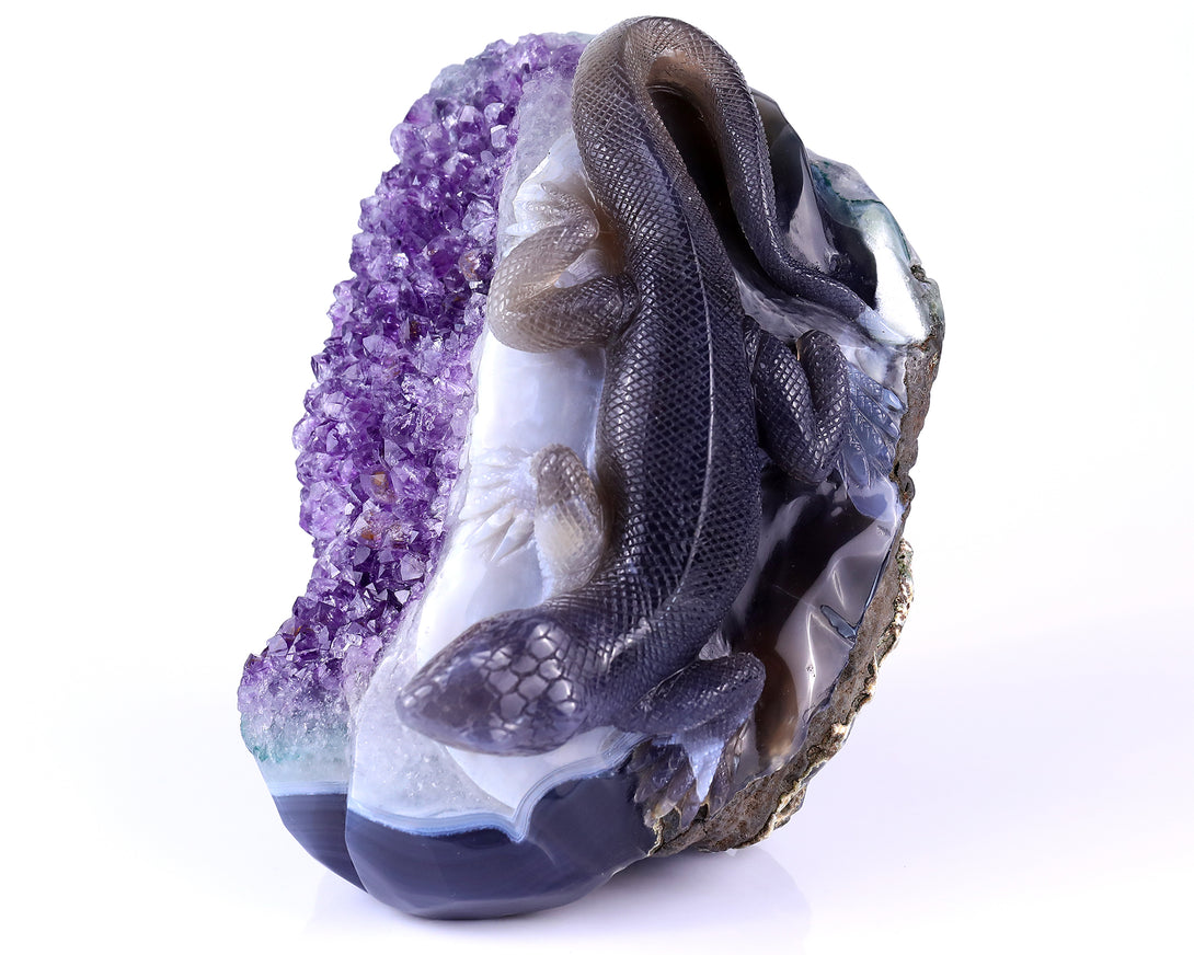 7.1" Amethyst Druse Agate Hand Carved Crystal Lizard Sculpture crysvibe