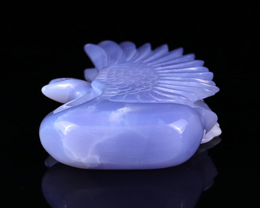 7.1" Blue Chalcedony Hand Carved Crystal Swan Sculpture crysvibe