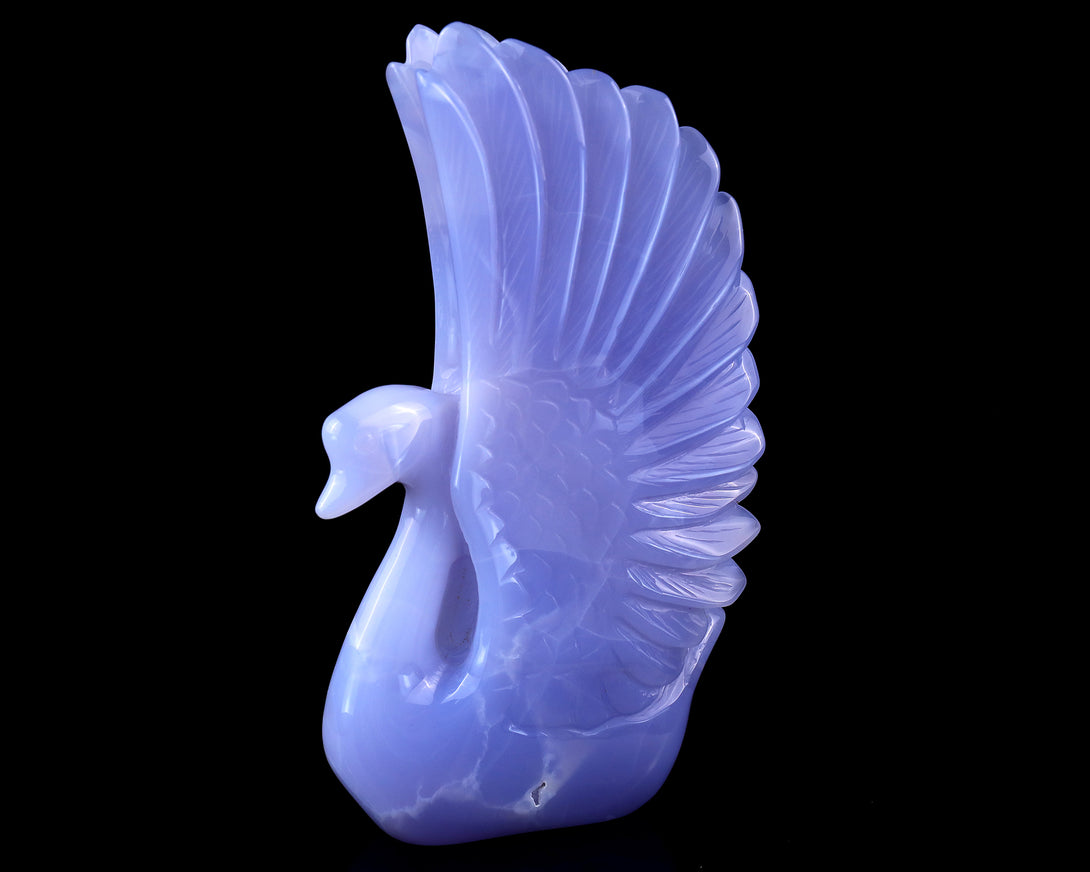 7.1" Blue Chalcedony Hand Carved Crystal Swan Sculpture crysvibe