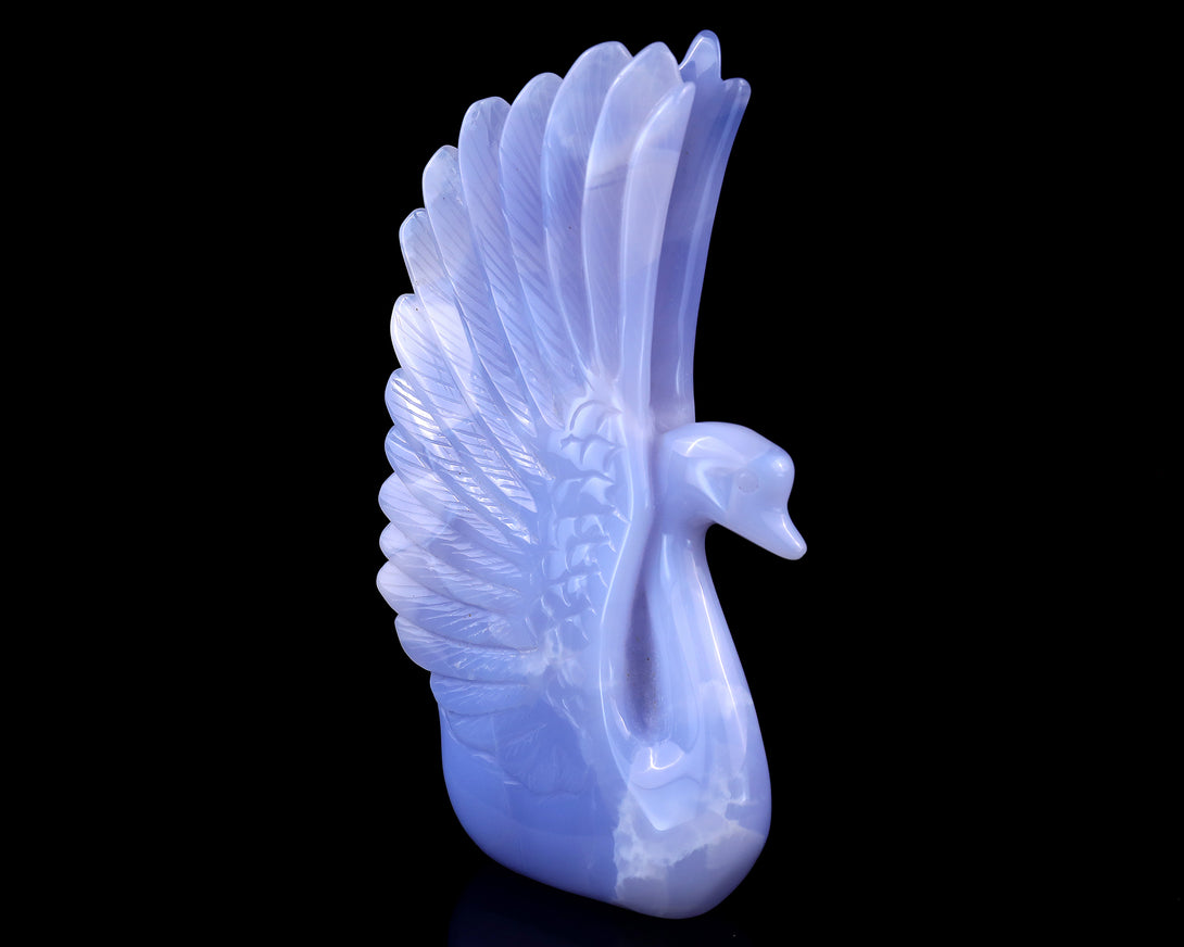 7.1" Blue Chalcedony Hand Carved Crystal Swan Sculpture crysvibe