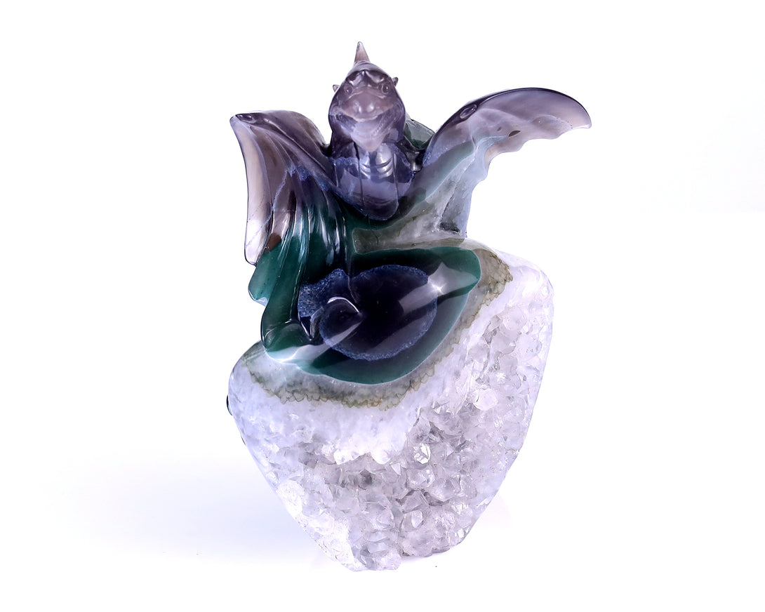 7.1" Quartz Rock Druse Hand Carved Crystal Dragon Sculpture crysvibe