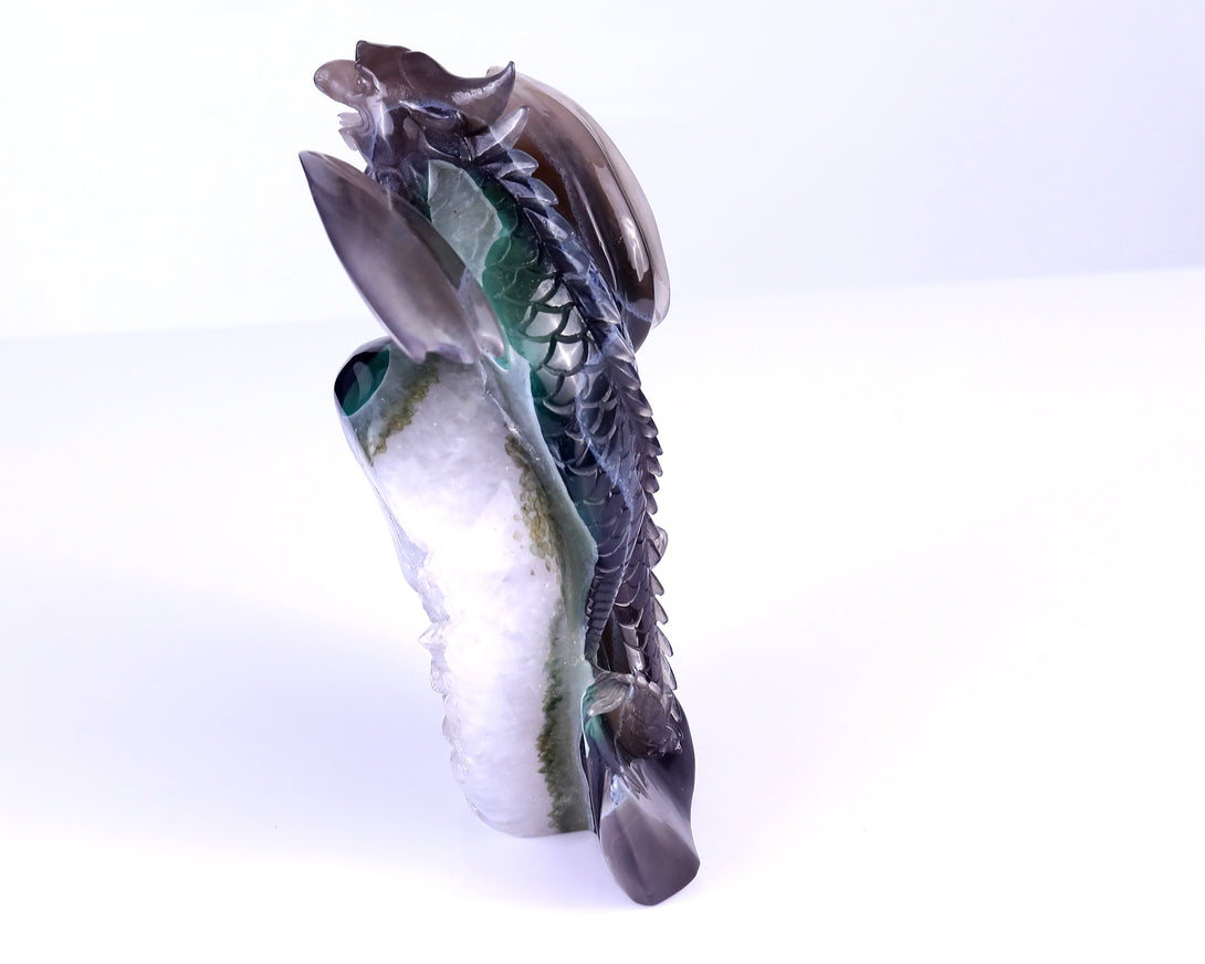 7.1" Quartz Rock Druse Hand Carved Crystal Dragon Sculpture crysvibe