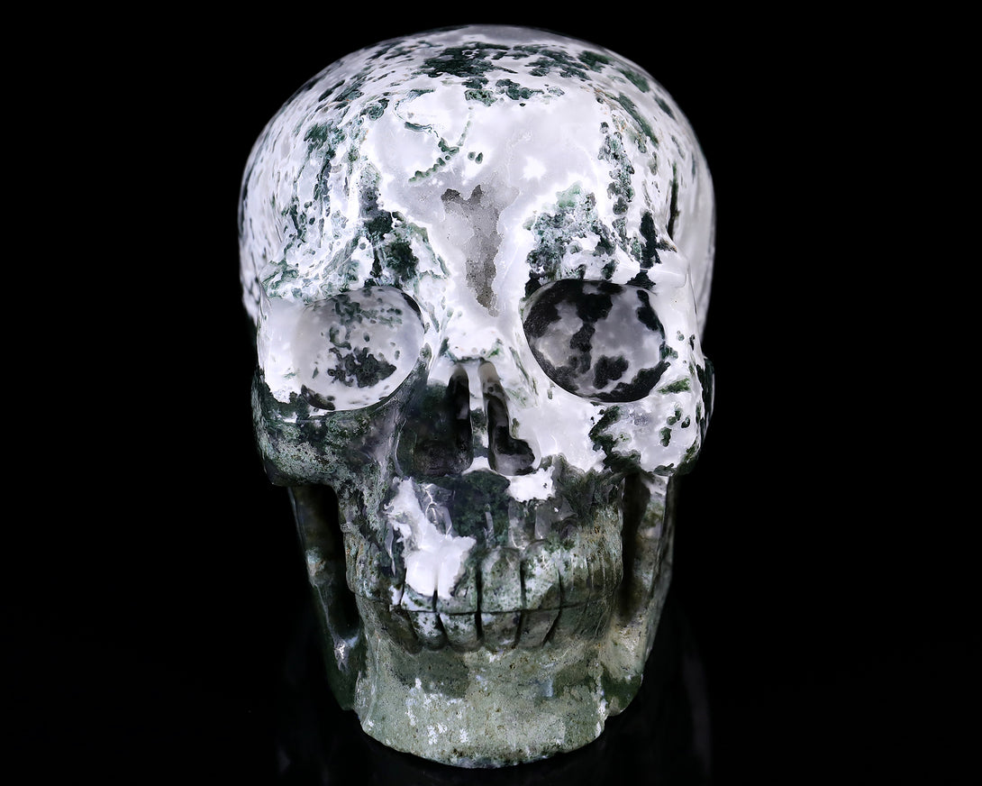 7.3" Moss Agate Hand Carved Crystal Realistic Skull Sculpture crysvibe