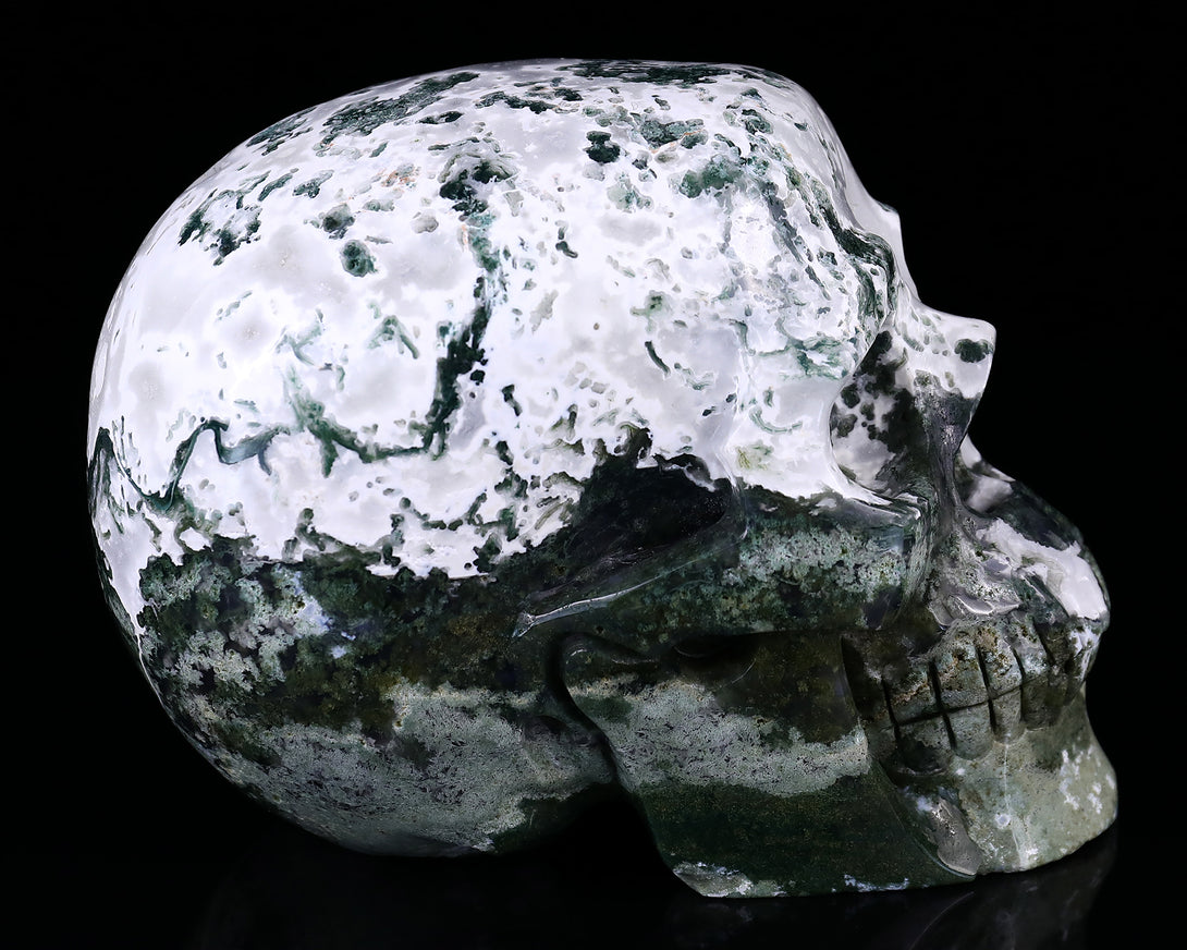 7.3" Moss Agate Hand Carved Crystal Realistic Skull Sculpture crysvibe