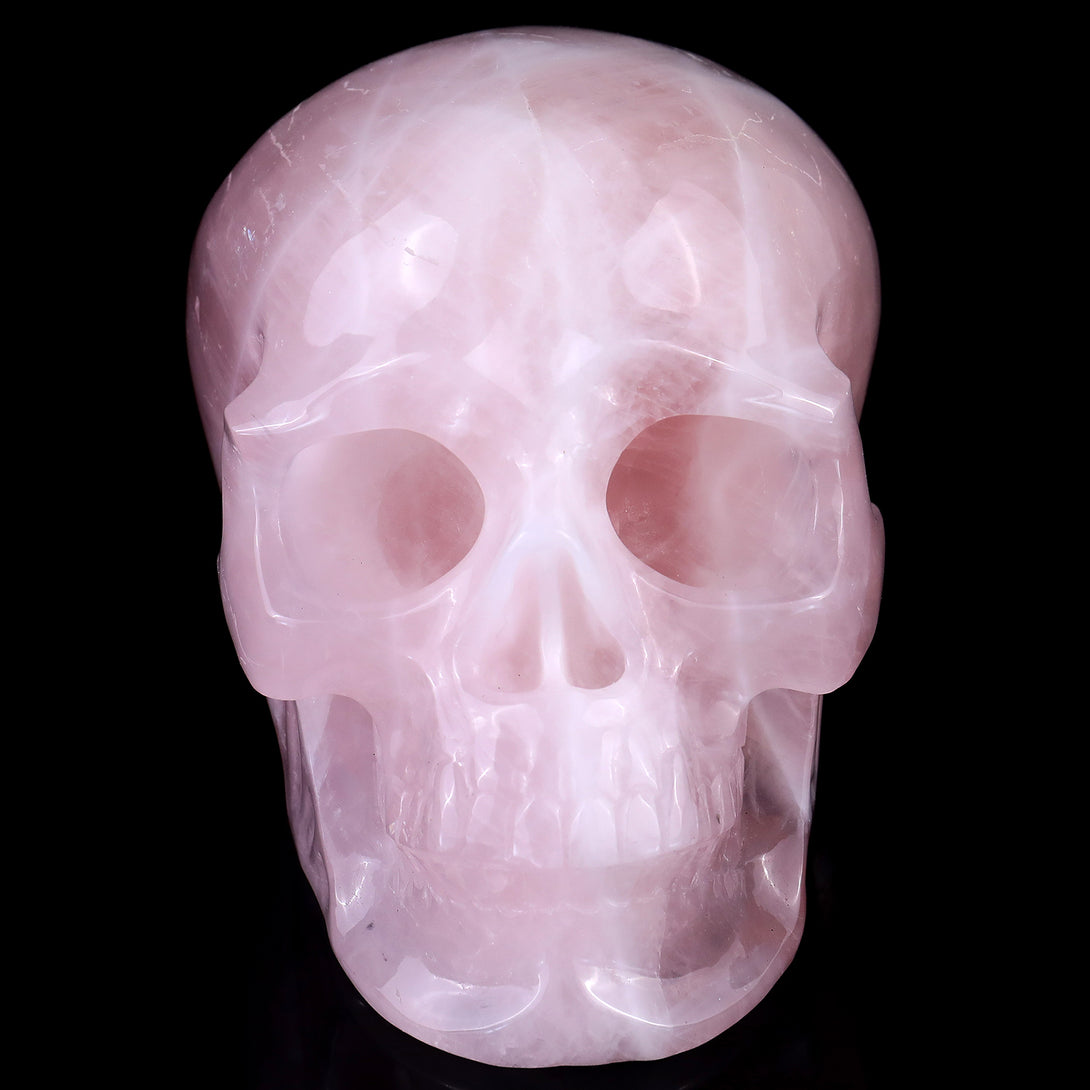 7.6" Rose Quartz Hand Carved Crystal Realistic Skull Sculpture crysvibe