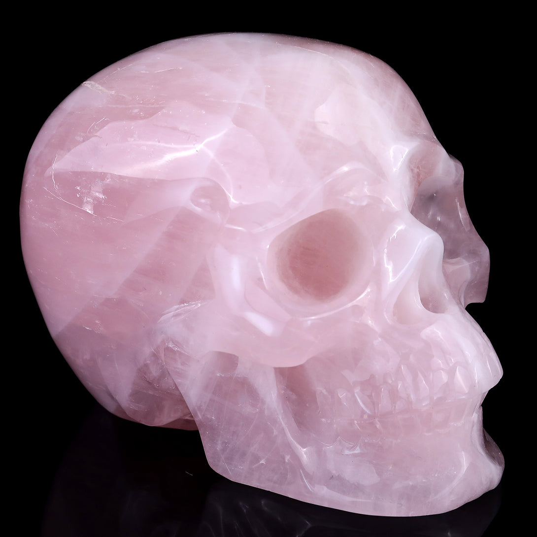 7.6" Rose Quartz Hand Carved Crystal Realistic Skull Sculpture crysvibe