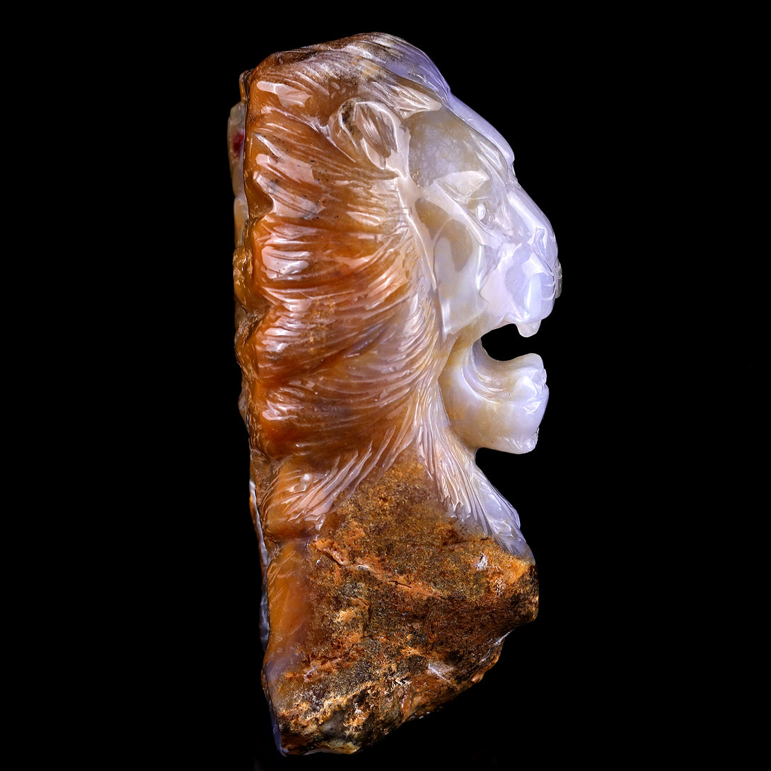 7.7" Chalcedony Hand Carved Crystal Lion Head Sculpture crysvibe