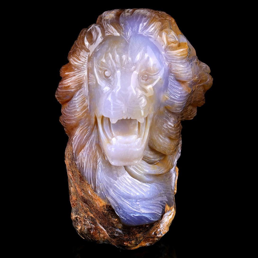 7.7" Chalcedony Hand Carved Crystal Lion Head Sculpture crysvibe