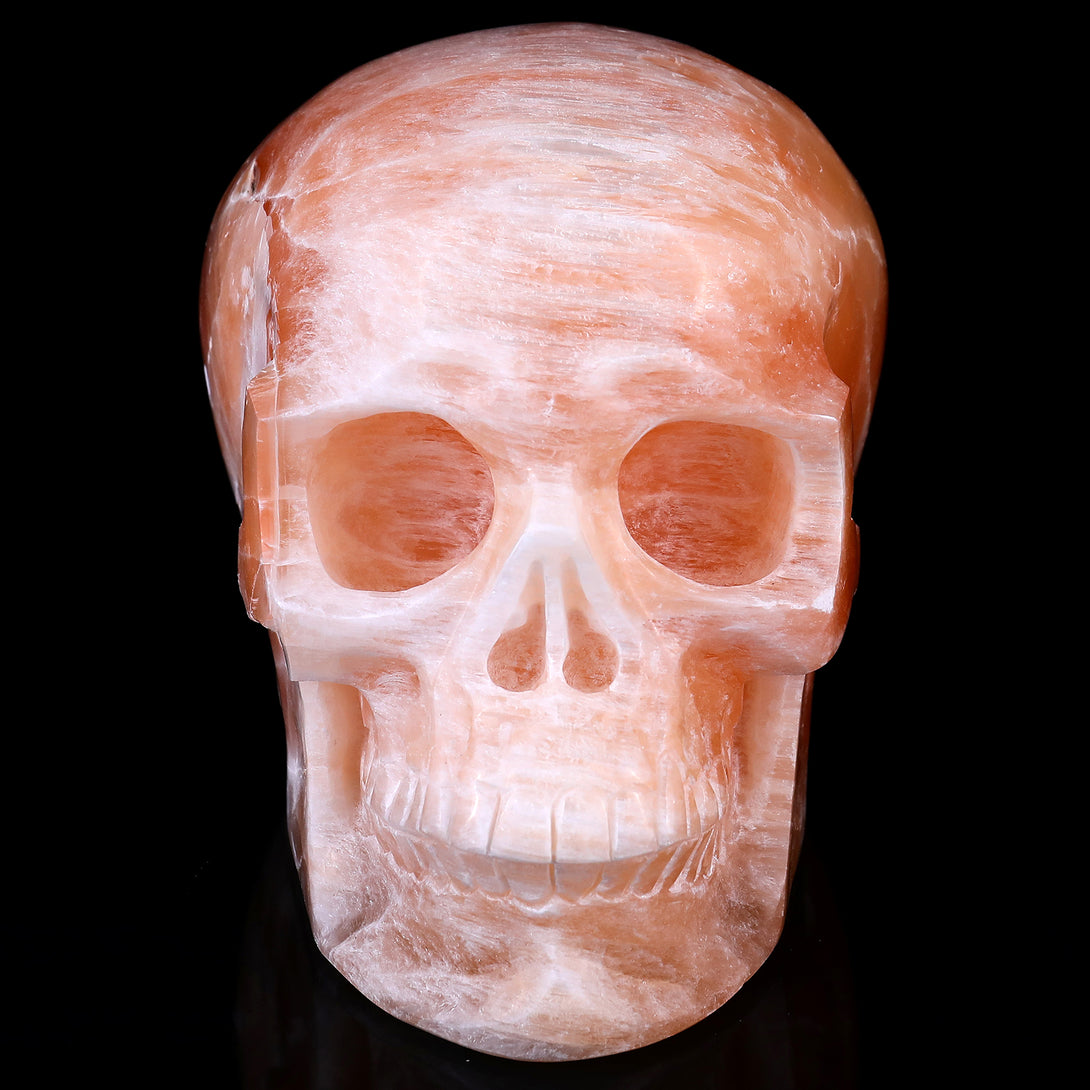 7.7" Orange Selenite Hand Carved Crystal Realistic Skull Sculpture crysvibe