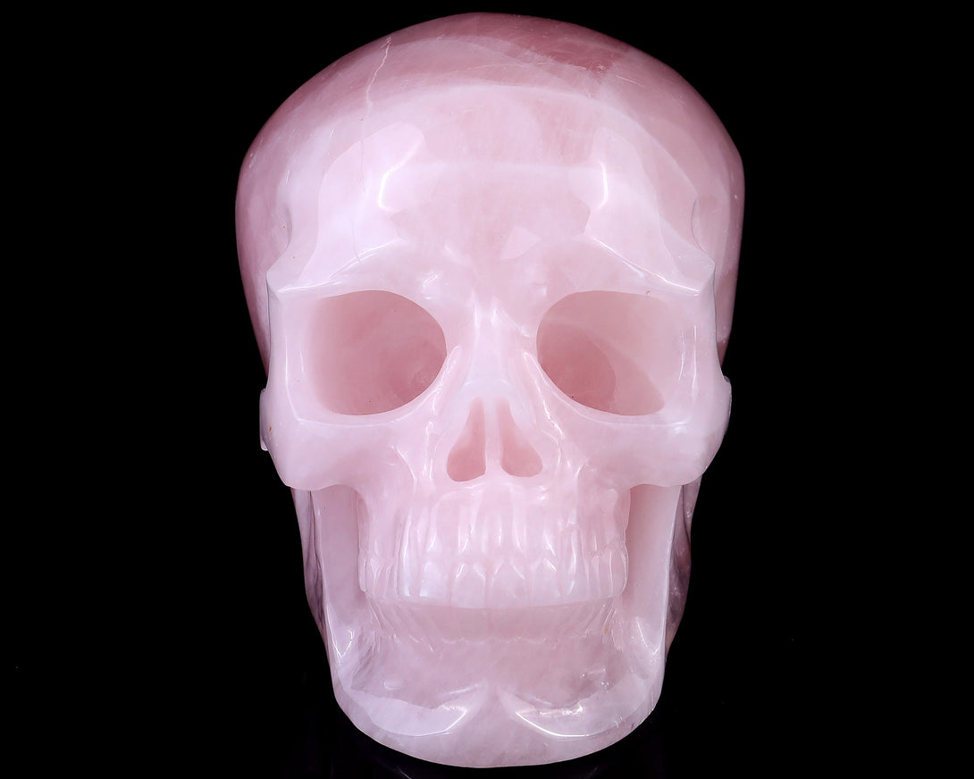 7.7" Rose Quartz Hand Carved Crystal Realistic Skull Sculpture crysvibe