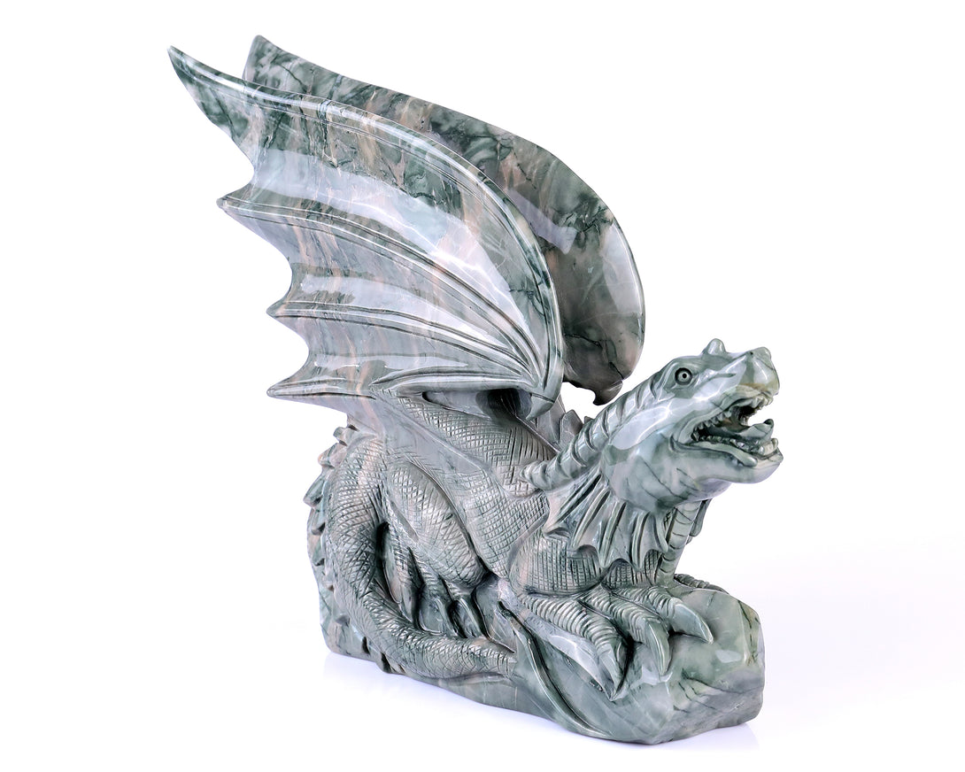 7.9" Jiulong Jade Hand Carved Crystal Dragon Sculpture crysvibe