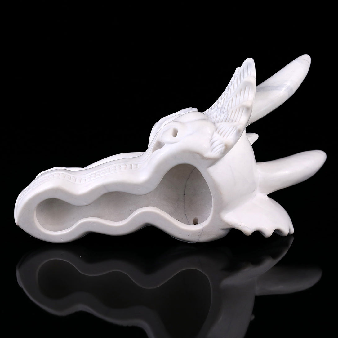 7.9" White Jade Hand Carved Crystal Dragon Skull Sculpture crysvibe