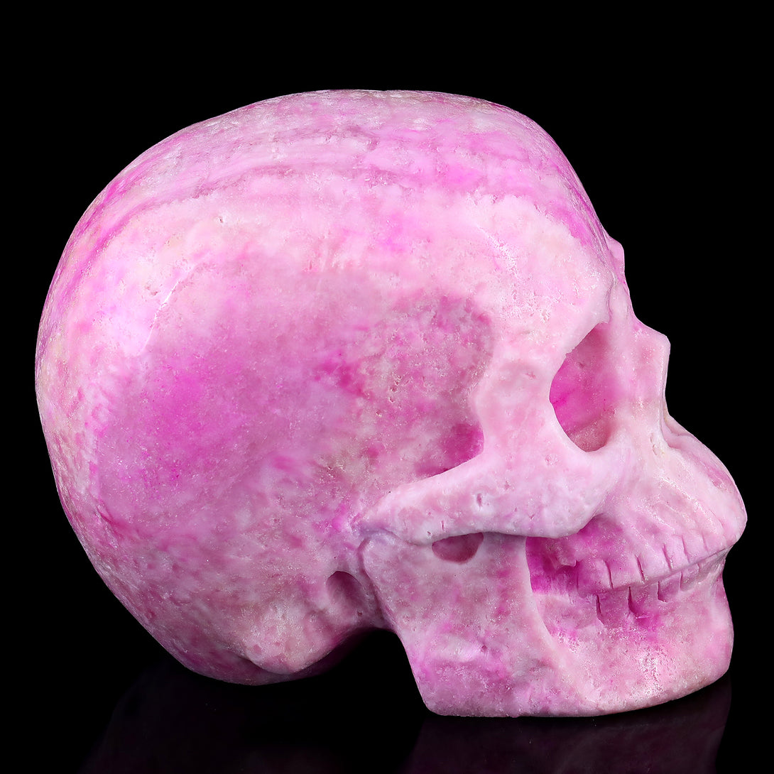 8.1" Pink Aragonite Hand Carved Crystal Realistic Skull Sculpture crysvibe