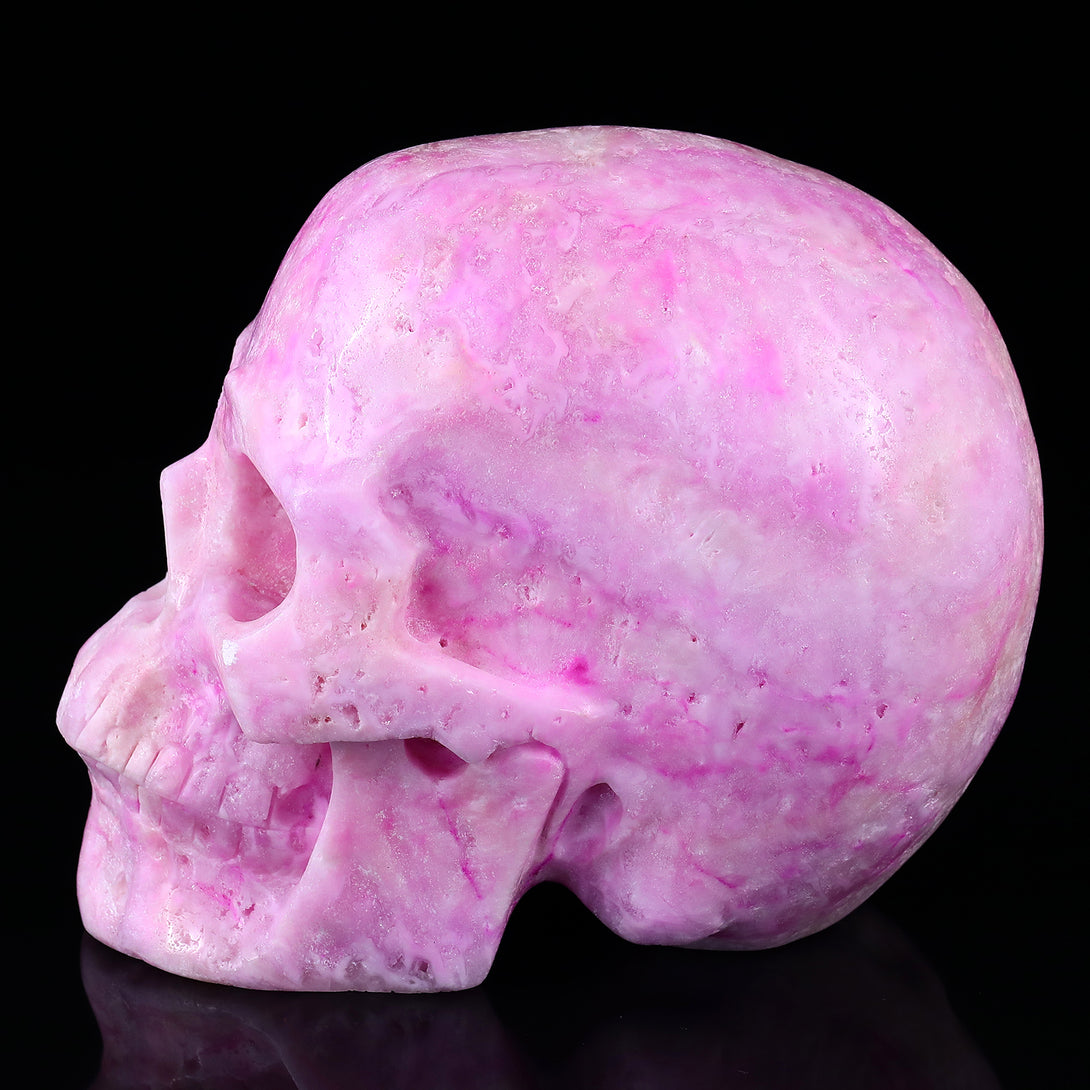 8.1" Pink Aragonite Hand Carved Crystal Realistic Skull Sculpture crysvibe