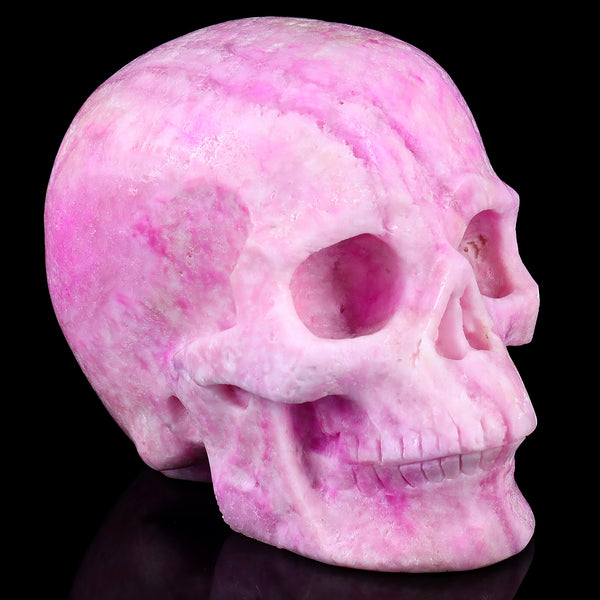 8.1" Pink Aragonite Hand Carved Crystal Realistic Skull Sculpture crysvibe