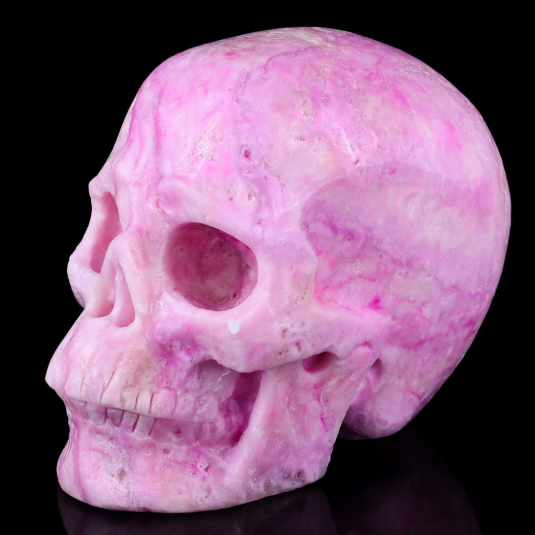 8.1" Pink Aragonite Hand Carved Crystal Realistic Skull Sculpture crysvibe