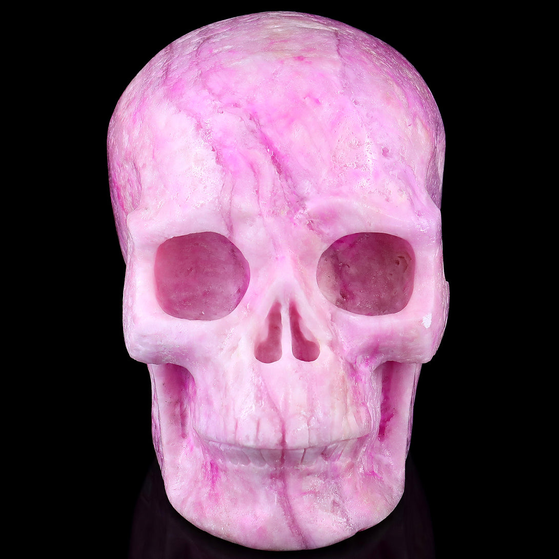 8.1" Pink Aragonite Hand Carved Crystal Realistic Skull Sculpture crysvibe