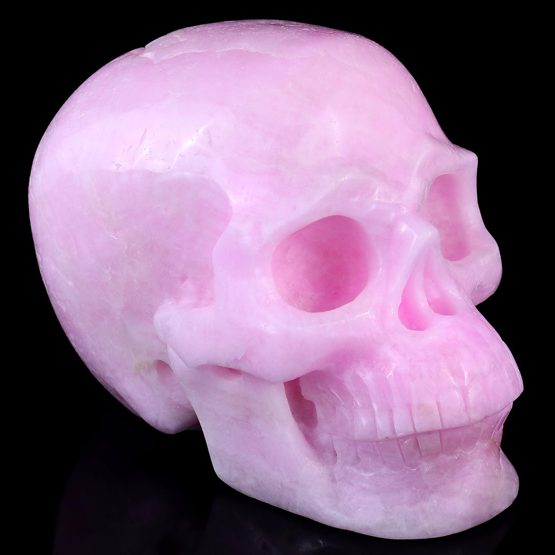 8.3" Pink Aragonite Hand Carved Crystal Realistic Skull Sculpture crysvibe