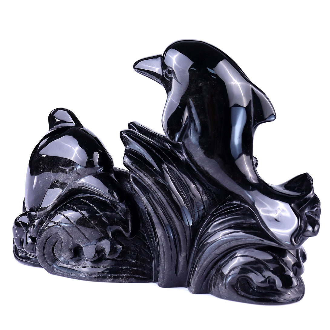 8.5" Black Obsidian Hand Carved Crystal Dolphins Sculpture crysvibe