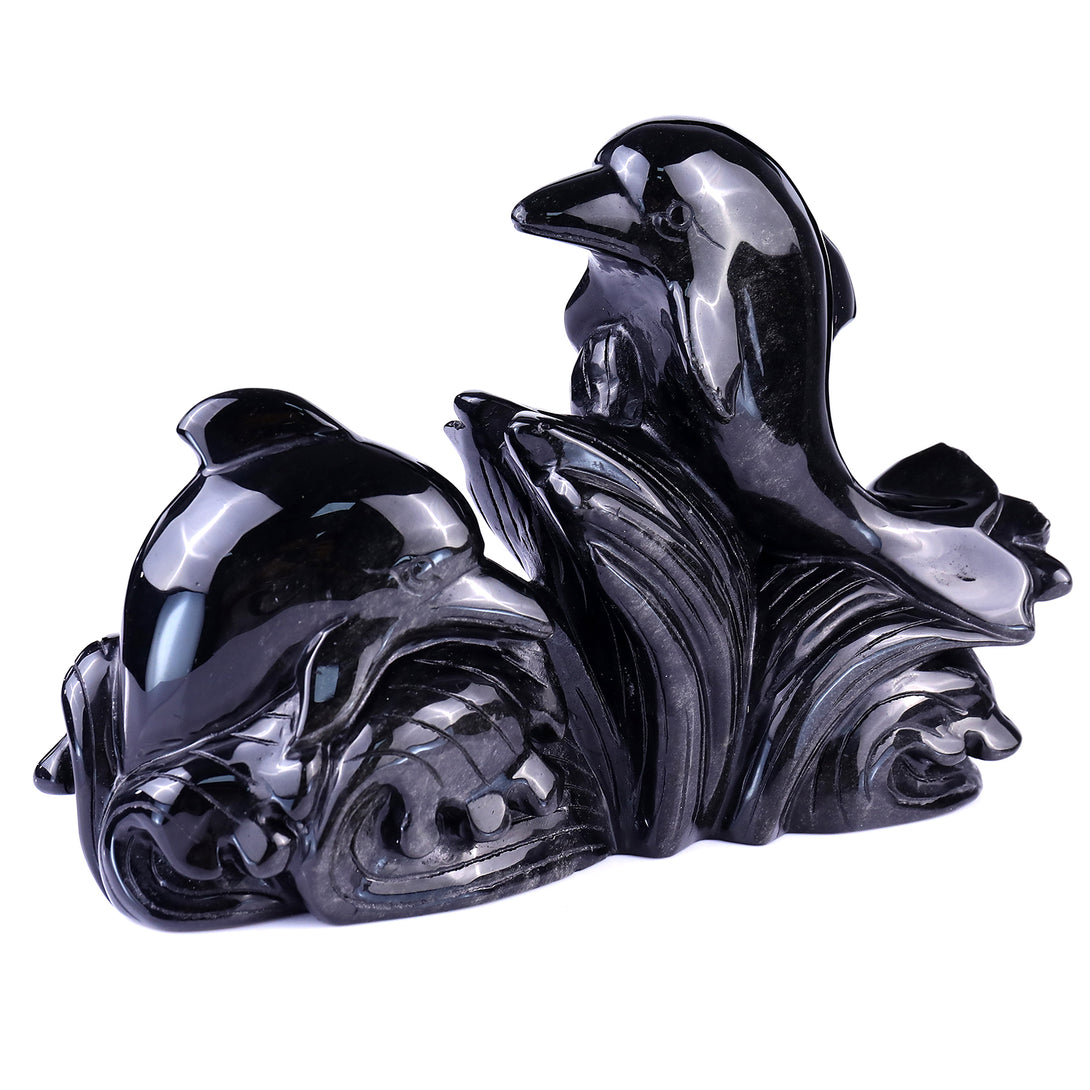 8.5" Black Obsidian Hand Carved Crystal Dolphins Sculpture crysvibe