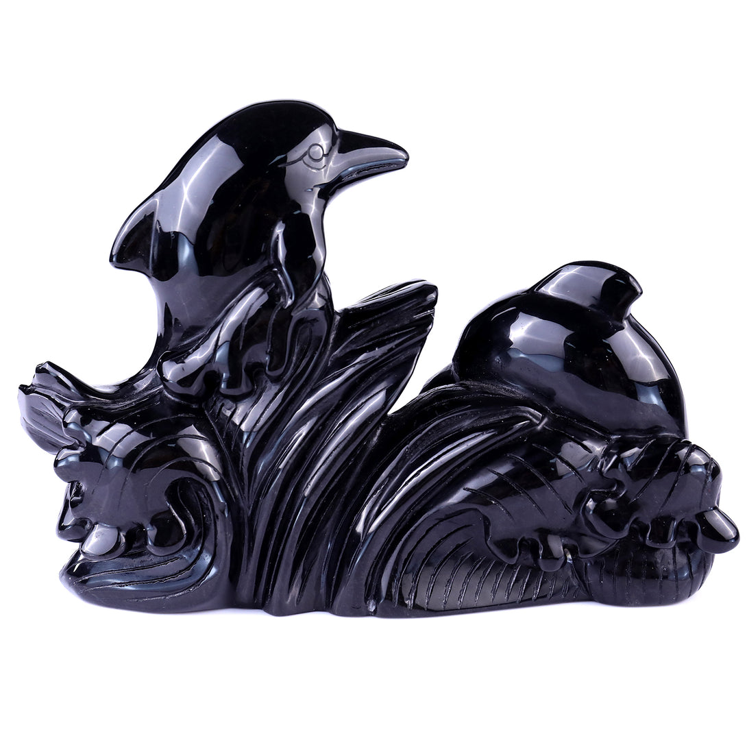 8.5" Black Obsidian Hand Carved Crystal Dolphins Sculpture crysvibe